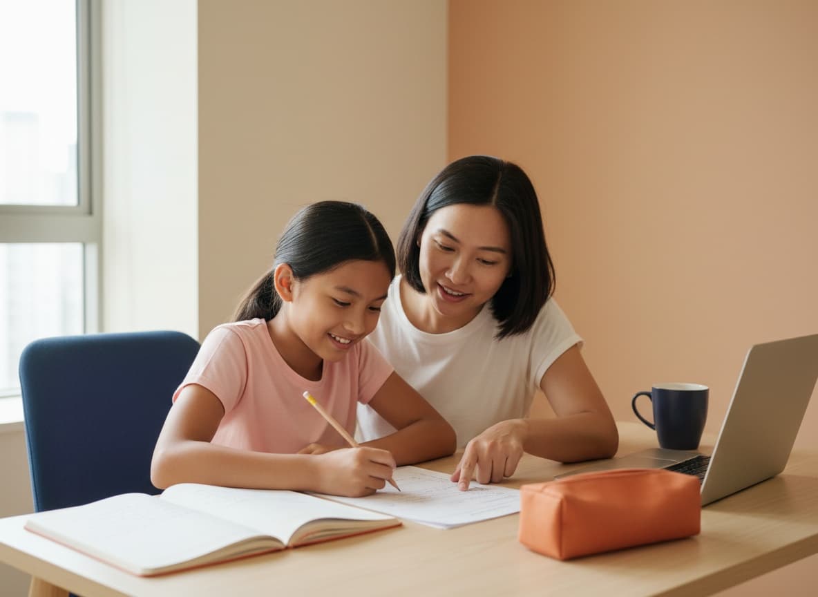 A parent and child studying together at home